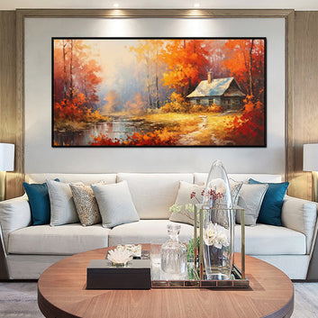 Handmade Oil Painting Canvas Wall Art Decoration Reddish Orange Tree Paintings Rural Landscape Farmhouse Pictures Artwork Room Aesthetic For Home Decor Rolled Frameless Unstretched Painting