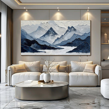 Mountain Landscape Navy Blue And White Modern Oil Painting Hand Painted Blue-Gray Views Wall Art Decor For Living Room